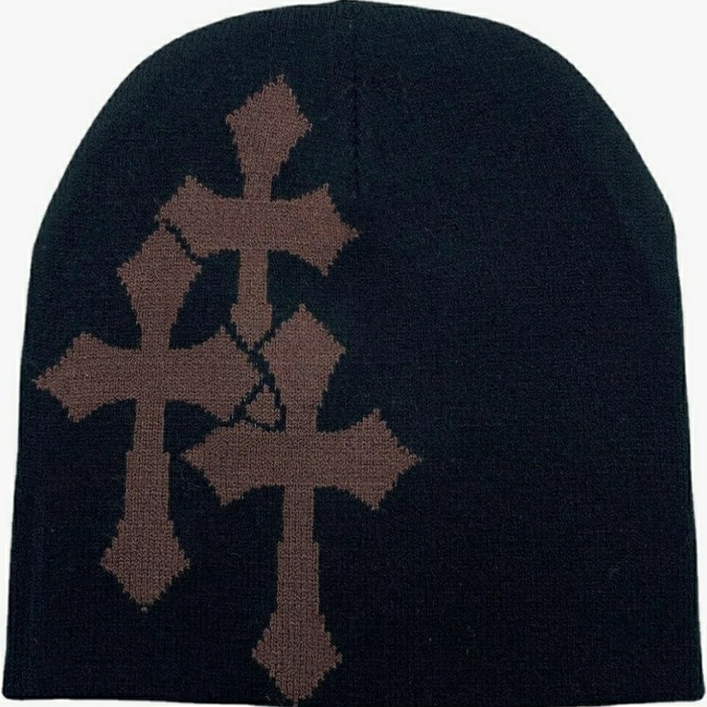 Y2K Knitted Beanie Hat Cross Graphics Unisex Jacquard Hat Punk Solid